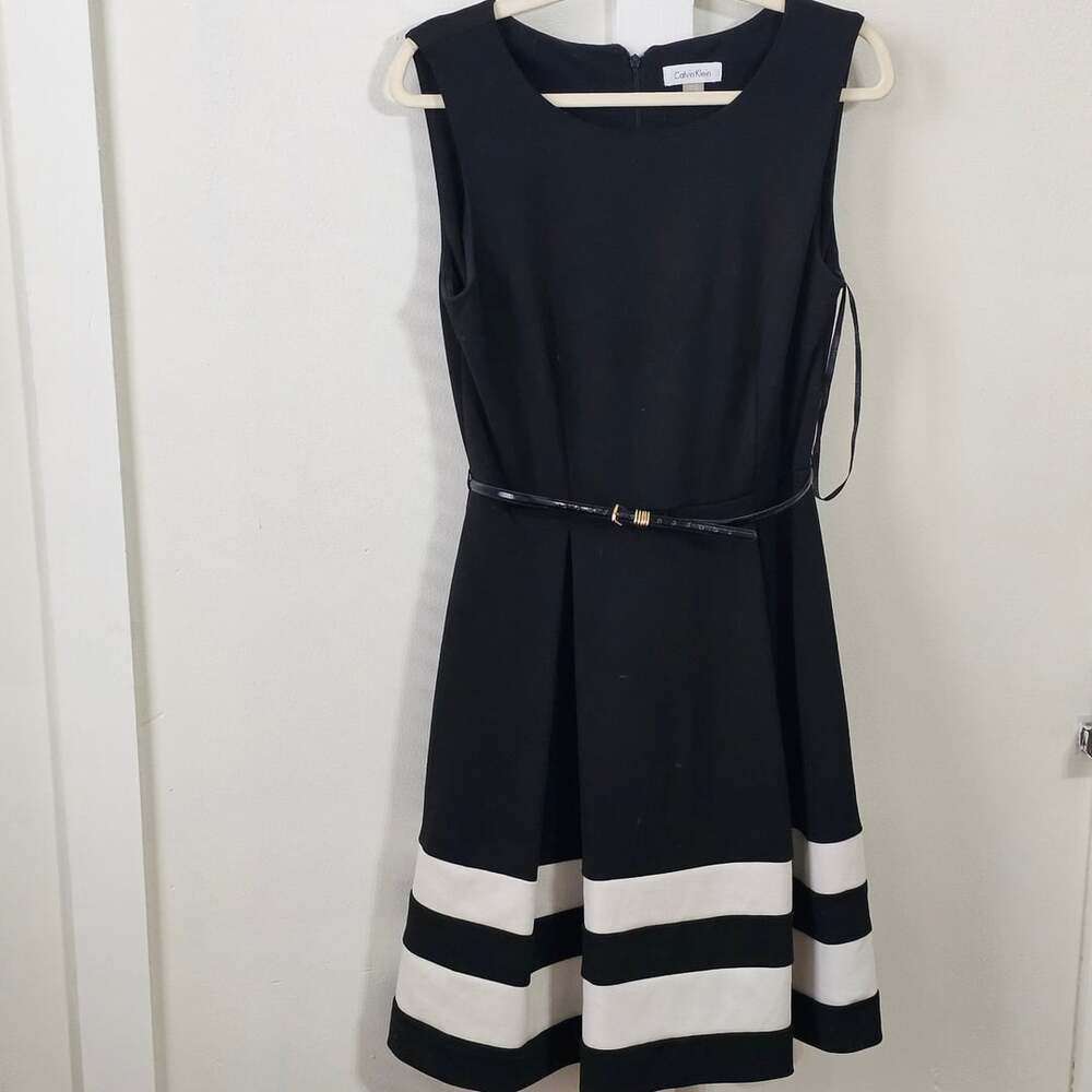 Calvin Klein Size 8 Black White Striped Hem Belted Fit Flare Dress